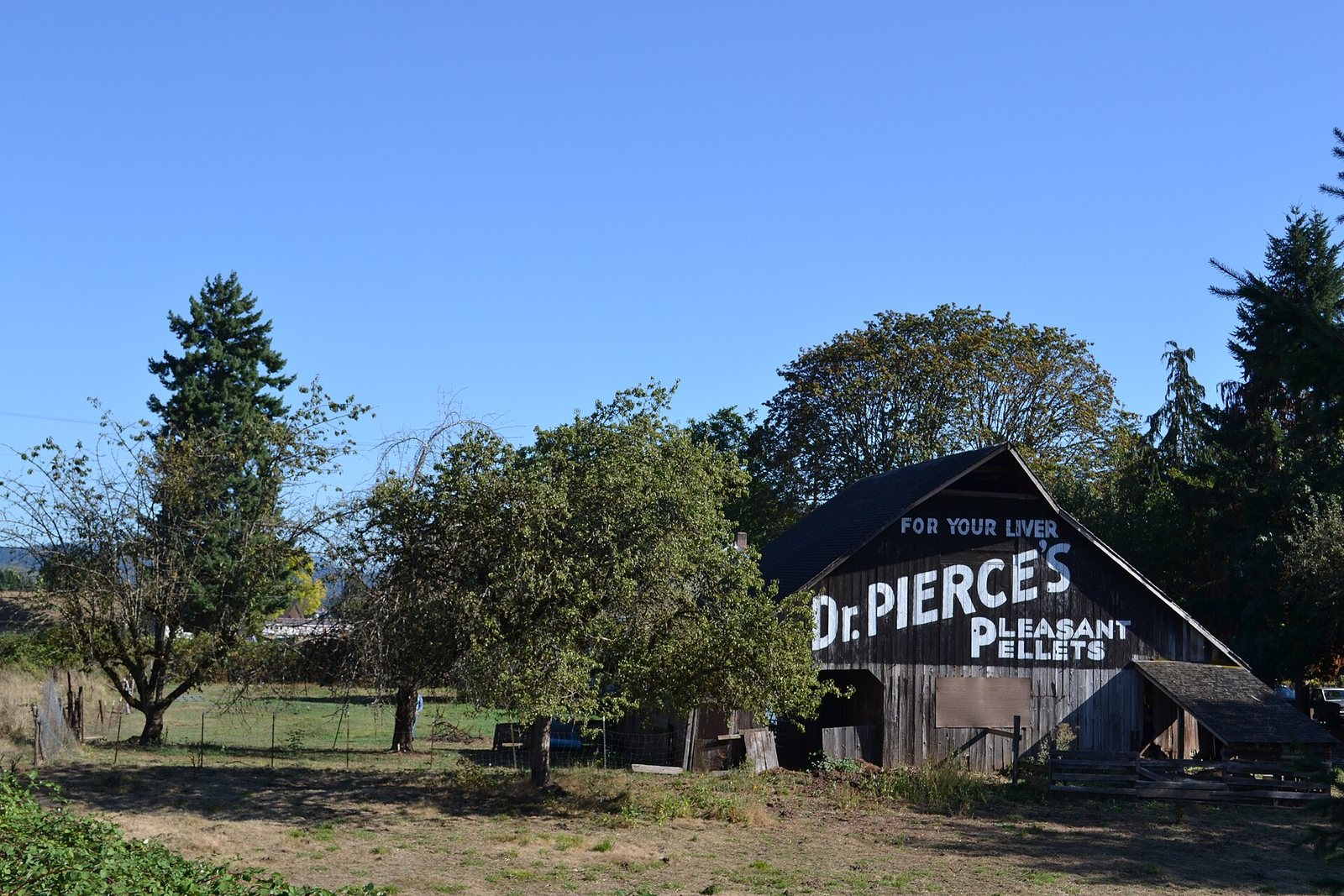 A weathered heritage barn with a painted advertisement, Cottage Grove, Oregon